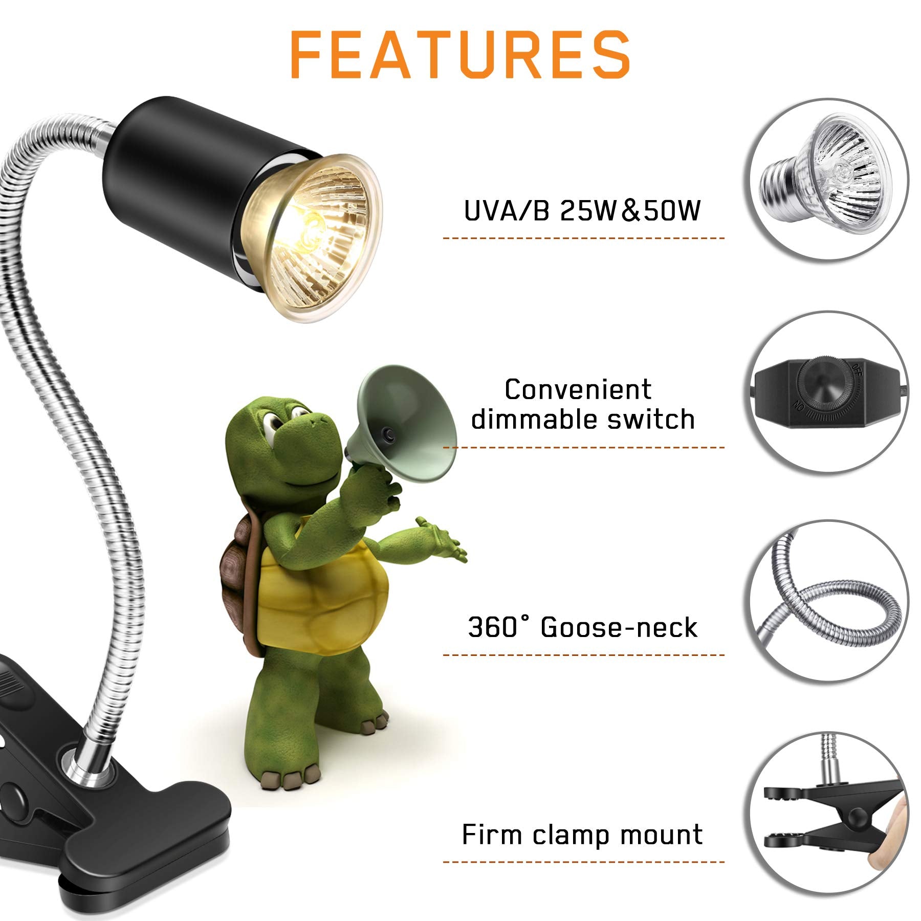 Fischuel Reptile Heat Lamp,Heating Lamp With Clamp, Adjustable Habitat Basking Heat Lamp,Uva/Uvb Light Lamp 360 Rotatable Clip A